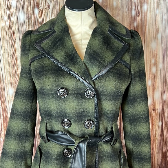 Steve Madden Green Plaid Dbl Breasted Belted Military Style Long Coat Small - Picture 2 of 7